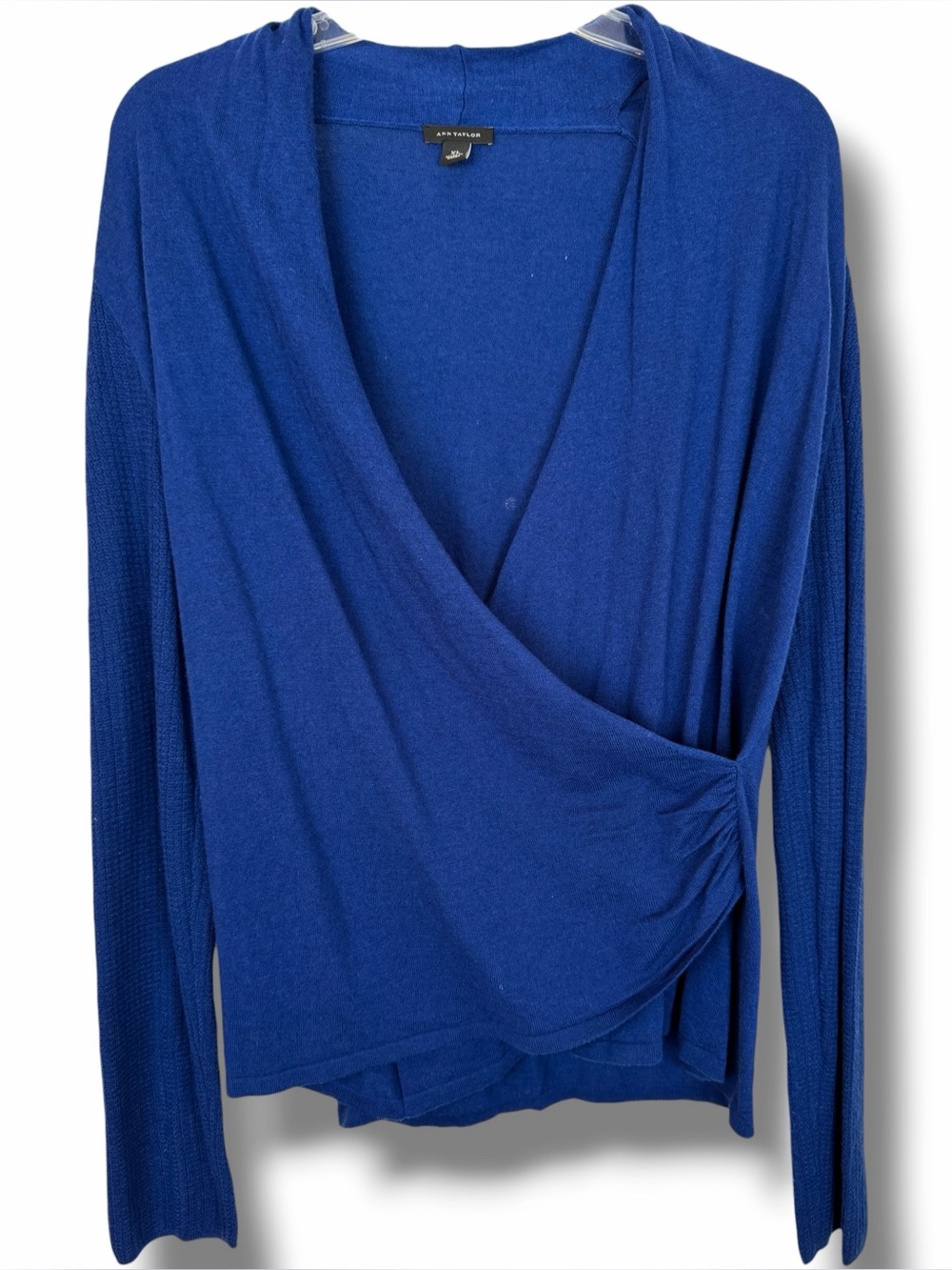 Ann Taylor Blue Black Heather Knit Long Sleeve Wrap Surplice Blouse Sweater Top